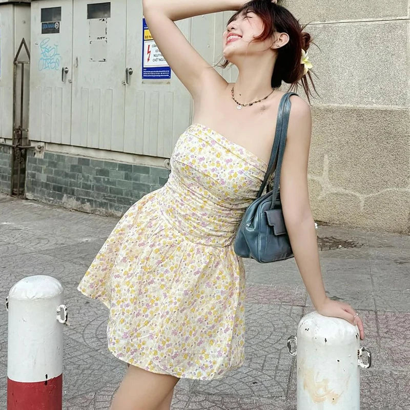 One-Shoulder Slim Strapless Print Dress For Women High Waisted Sleeveless Backless Fashion Sweet Summer New Ruched Dress