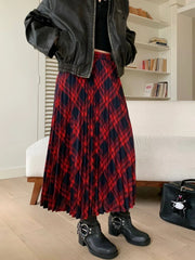 Preppy Style Red Women Plaid Skirts Teen Girls Vintage Autumn Winter High Waisted A-Line Pleated Mid Long Skirt