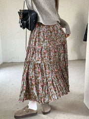 Autumn Winter Wrinkled Floral Pleated Skirt Women Korean Style Casual High Waisted A-Line Midi Long Skirts Maxi falda plisada