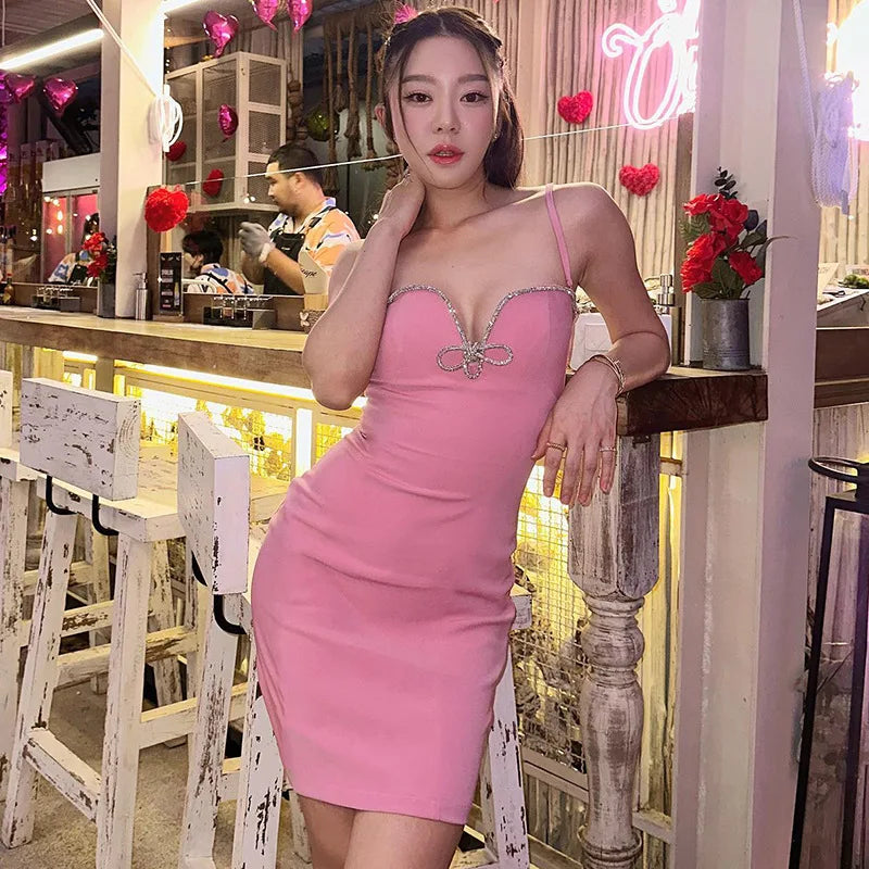 Silver Rope Bodycon Mini Dress For Women Slim Deep V Neck High Waist Sundress Women's Party Sexy Dresses Hot Girls Summer