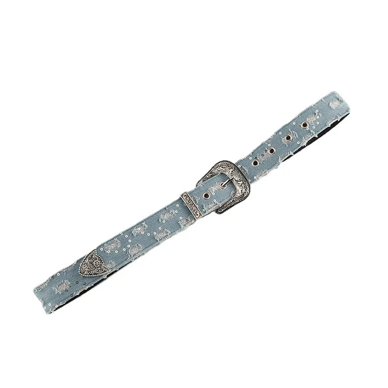 Modischer Vintage-Jeansgürtel in Blau mit Retro-Schnitzmuster und Nadelschnalle, Y2k-Gürtelriemen für Damen, Jeans, Kleiderzubehör