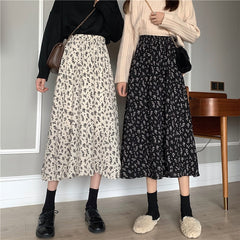 Zurück zum College Vintage Blumendruck A-Linie Plissee Lange Röcke Sommer Damen 2024 Koreanischer Rock Streetwear Kordelzug Elastische Taille Midirock 
