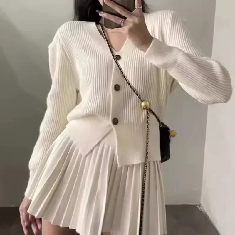 Retro Knitted Long Sleeve Sweater High-Waisted Pleated Skirt Two Piece Set For Women Niche Solid Matching Sets Autumn New
