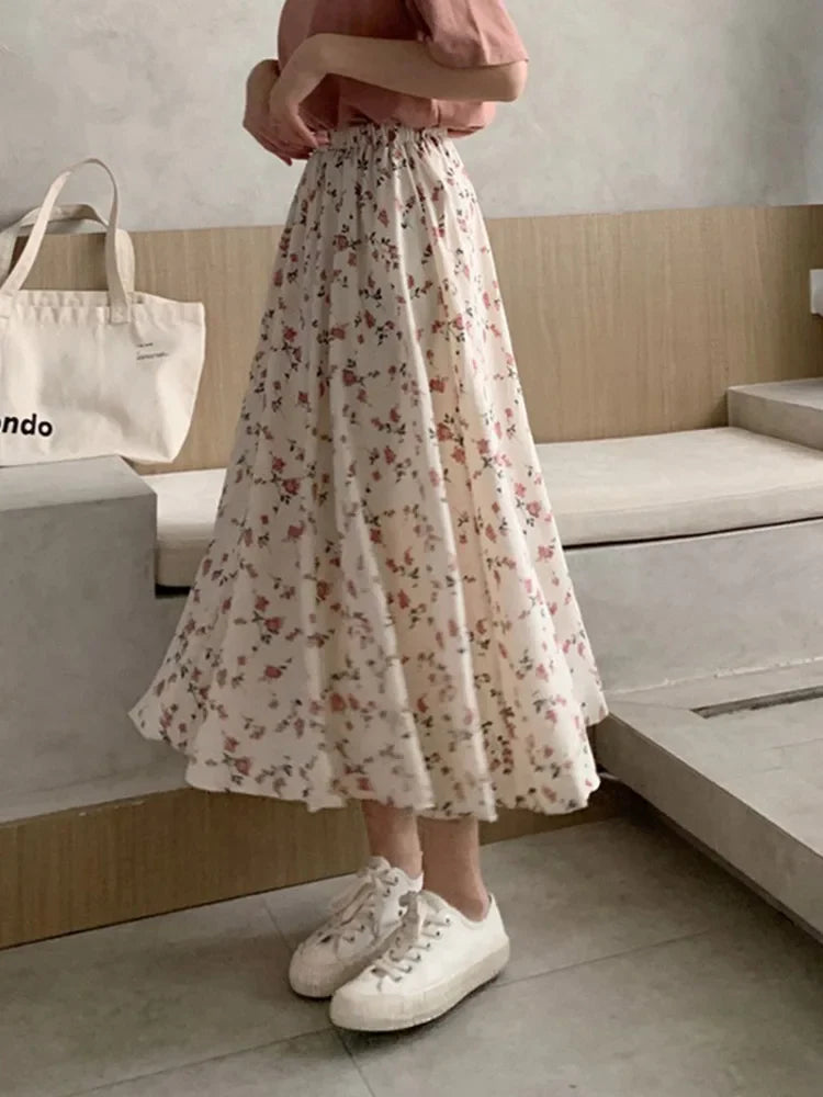 Vintage Floral Print A-line Pleated Long Skirts Summer Women 2024 Korean Skirt Streetwear Drawstring Elastic Waist Midi Skirt