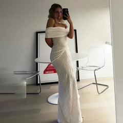 Elegant Textured One-shoulder Ruched Dress For Women Autumn New Sleeveless Tube Top Maxi Dress Lady Holiday Party Clothes