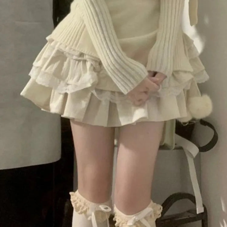 Spring Autumn New Slash Neck Slim Fit Knitted Tops Women+ Y2k High Waist Lace Ruched Cake Skirts All-match Two Piece Sets