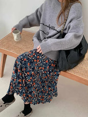 Vintage Blau Blume Drucken Rock für Frauen Sommer Neue Hohe Taille A-linie Röcke Faul Alle-spiel Mid-länge lose Faldas Mujer