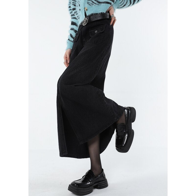 Frauen Schwarz Denim Halbkörper Rock Split Gabel Hohe Taille Casual Koreanische Mode Mittlere Länge Böden Baggy Vintage Weiblichen Langen Rock