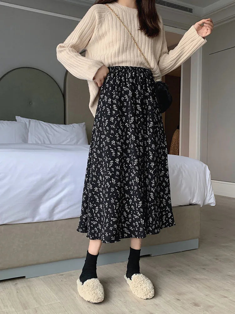 Vintage Floral Print A-line Pleated Long Skirts Summer Women 2024 Korean Skirt Streetwear Drawstring Elastic Waist Midi Skirt