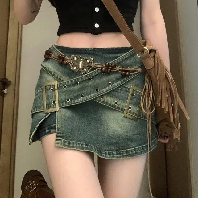 Amerikanischer Retro-Jeansrock im Used-Look für Damen, Hot Girl, unregelmäßiger A-Linien-Hüftrock mit weitem Bein, amerikanischer Retro-Y2k-Rock