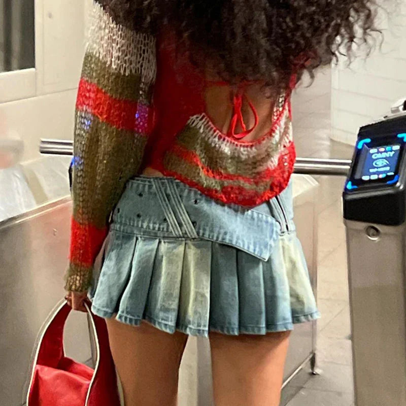 Koreanische Vintage Grunge Denim Split Plissee Röcke 00er Retro Kawaii Low Waist Minirock Chic Damen Harajuku Y2K Streetwear