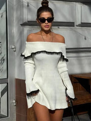 Knit Off-Shoulder Sweater Mini Dress Women's Lace Patchwork Ribbed Slim Backless Elegant Party Dress Knitwear Dress New