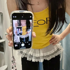 Double Layered Lace Ruched Puffy Skirts 2024 Summer New White Skirt for Women Y2k E-Girl High Waist  Up Faldas Mujer