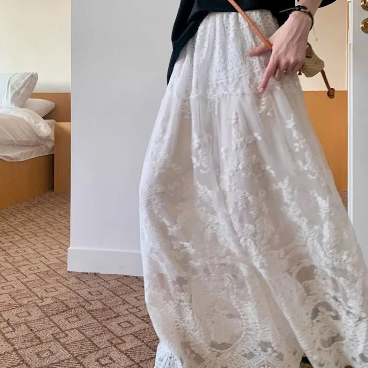 Vintage Spitze Weißen Rock für Frauen Y2k Grunge Hohe Taille A-linie Röcke 2024 Frühling Herbst Neue Mid-länge Faldas mujer