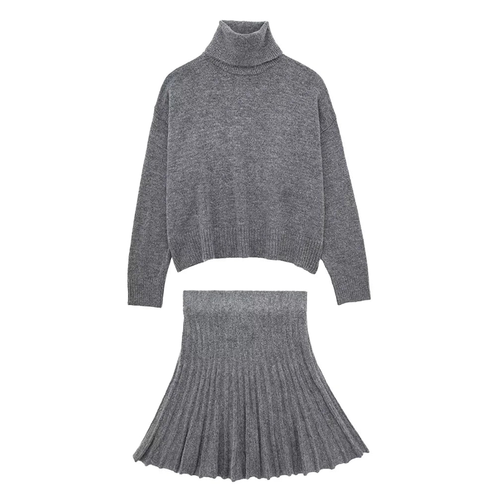 High Neck Knitted Pullover Pleated Mini Skirt Suit