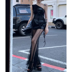 2024 Frühjahr neuer koreanischer hohler durchsichtiger Mesh-A-Linienrock für Damen + spitzes, gefaltetes, sexy Kleid mit Charakterdruck, zweiteiliger Anzug