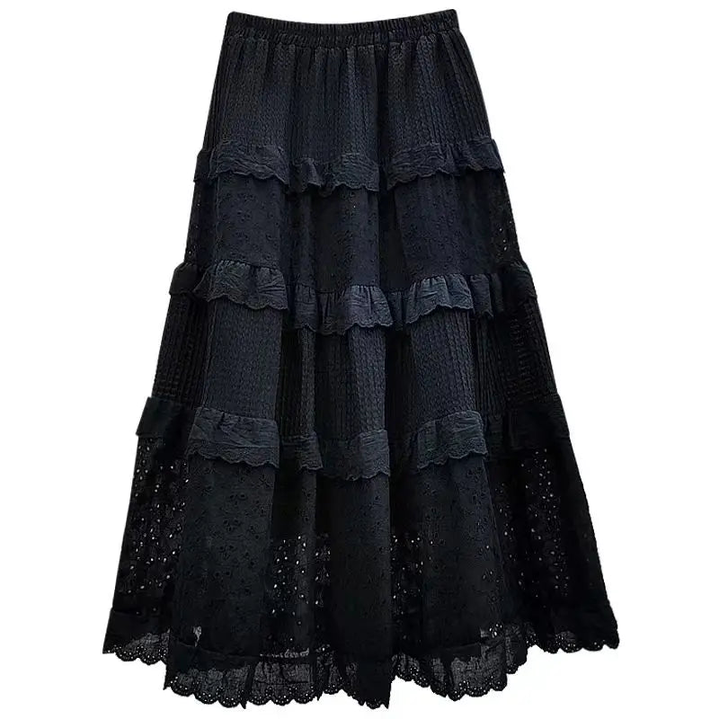 Fairycore Weißer Langer Rock Frauen Cutecore Aushöhlen Haken Floral Patchwork Rüschen Hohe Taille A-linie Maxi Rock Mori Mädchen