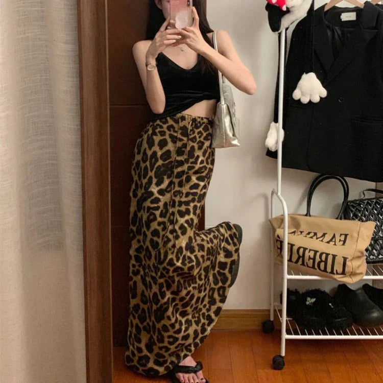 Vintage Schwarz Leopard Print Slim Fit Rock für Frauen Y2k Hohe Taille Fischschwanz Röcke 2024 Sommer Neue Mid-länge Faldas Mujer