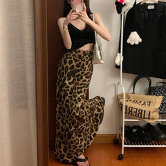 Vintage Schwarz Leopard Print Slim Fit Rock für Frauen Y2k Hohe Taille Fischschwanz Röcke 2024 Sommer Neue Mid-länge Faldas Mujer