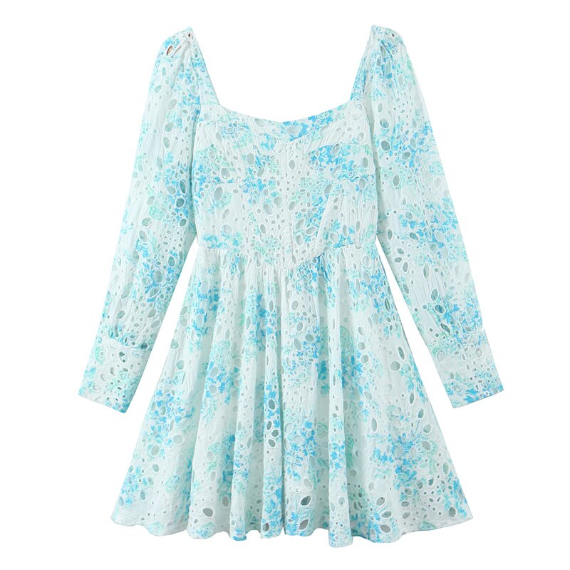 High Quality Hollow Out Long Sleeve Backless Women Dress Vocation Holiday A-Line Mini Dress