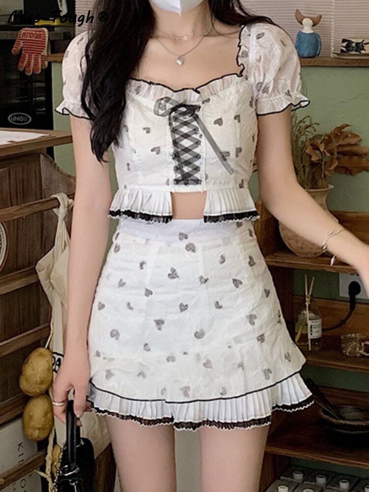 Frauen Midriff Puffärmel Kawaii Minirock Set Weibliche koreanische Mode Slim Fit Anzug Sommer Riemchenschleife Süßes Zweiteiler Set