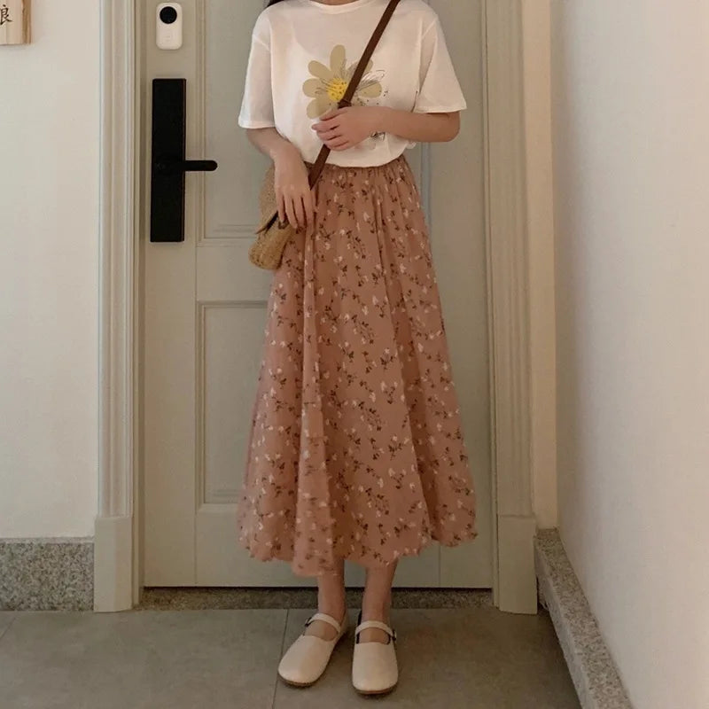 Vintage Floral Print A-line Pleated Long Skirts Summer Women 2024 Korean Skirt Streetwear Drawstring Elastic Waist Midi Skirt