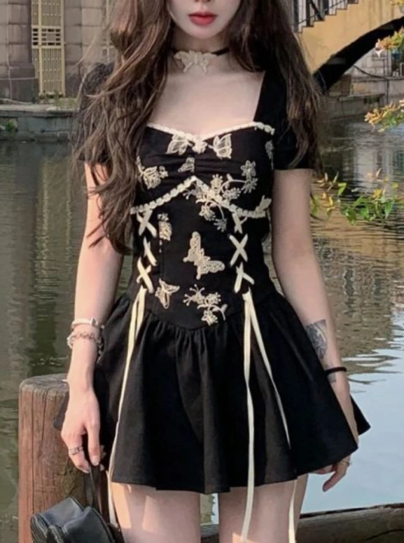 Flight of Monochrome Butterflies      Goth            Dress Dark Academia Kawaii Academia Y2K Cottagecore Coquette Fairycore Dollette Princesscore