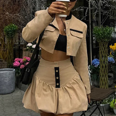 Herbst Neue Nabel Knospe Rock Anzug frauen Revers Langarm Kurze Strickjacke Mode Streetwear Schlank Passenden Sets Weibliche