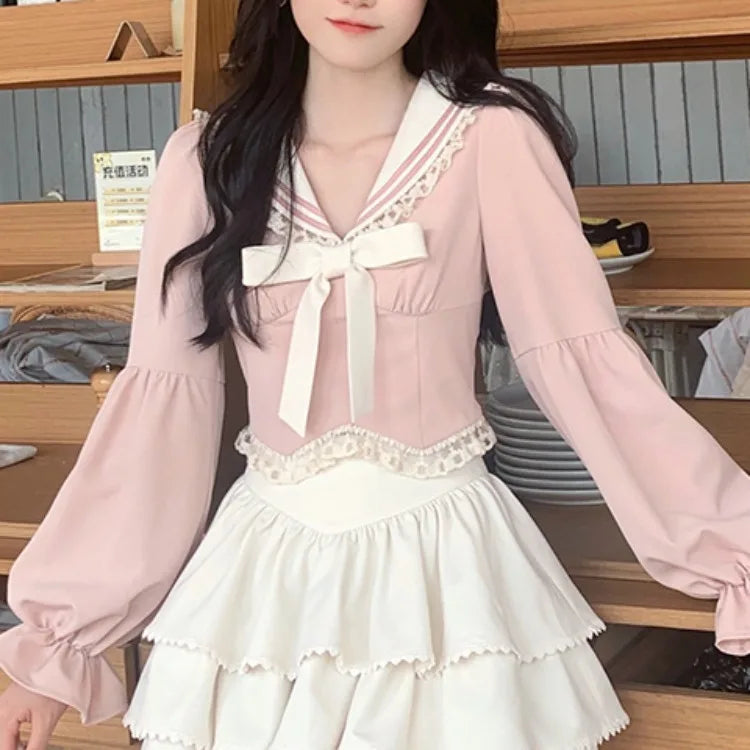 Mode Süße Sailor Kragen Bogen Langarm Tops Frauen + Y2k E-Girl Hohe Taille Rüschen A-linie Röcke Sommer Neue Zwei Stück Sets
