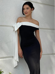 Off-Shoulder Ribbons Maxi Dress Female Fashion Contrast Color Sleeveless Sexy Bodycon Dress Autumn Lady Irregular Dresses