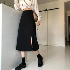 Schwarze Röcke Frauen Mitte der Wade College A-Linie Hohe Taille Koreanischen Stil OL Alle-Spiel Freunde Streetwear Chic Weiblichen Boden