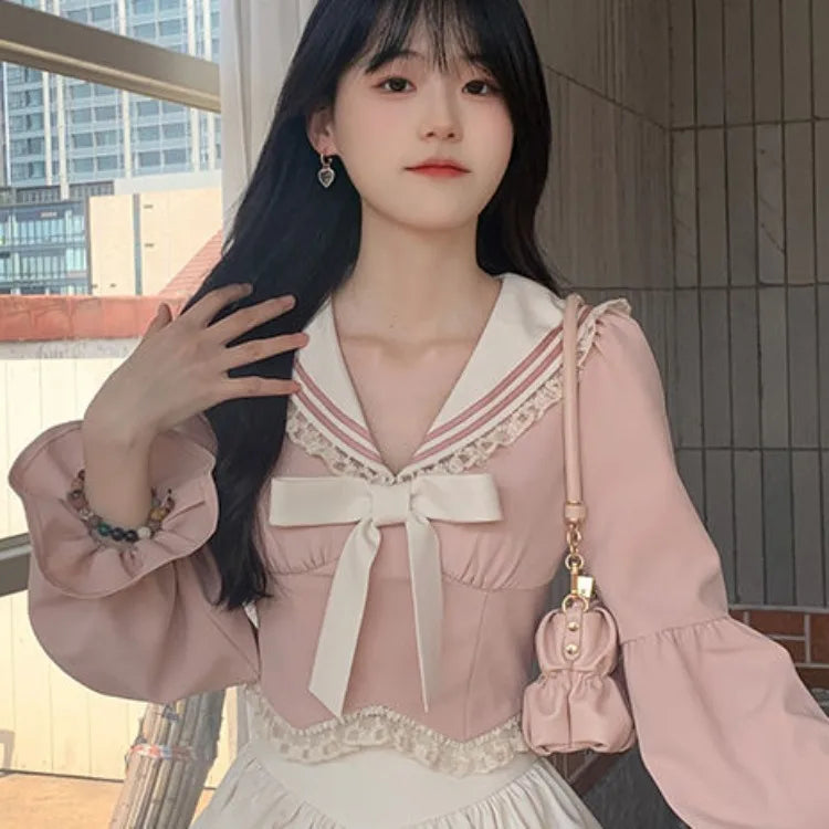 Mode Süße Sailor Kragen Bogen Langarm Tops Frauen + Y2k E-Girl Hohe Taille Rüschen A-linie Röcke Sommer Neue Zwei Stück Sets