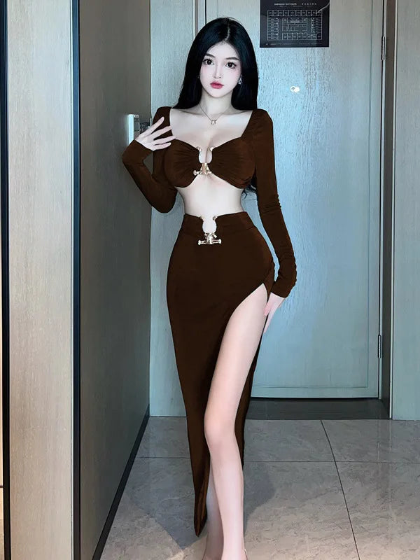 Unterwäsche Neue Sexy Trägerlosen Langen Ärmeln Ausgehöhlt Lange Zwei Stück Rock Set Bandage Off Schulter Top Mode Süße HS88