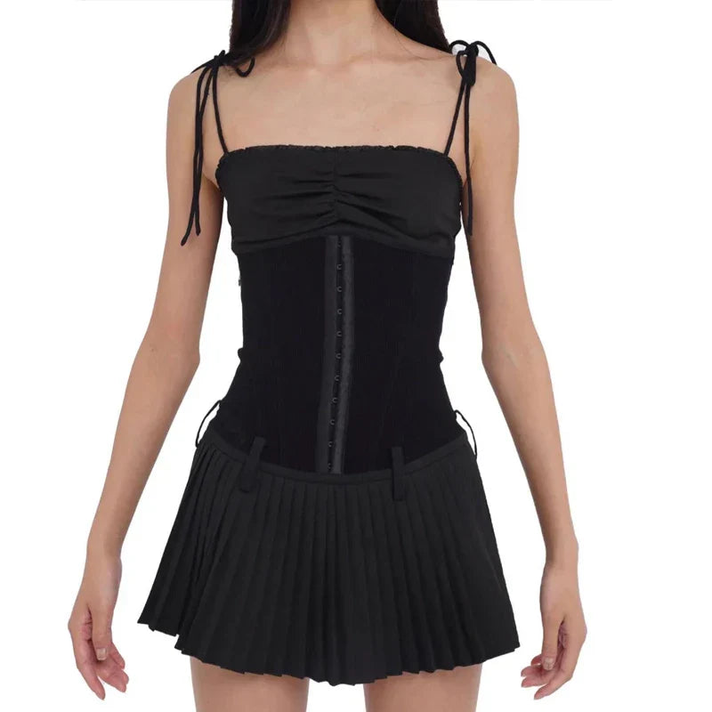 Fairy Cottage Spaghettiträger Slim Fit Faltenrock 90er Vintage Elegantes Korsett Minikleid Y2K Aesthetic Chic Damen Streetwear