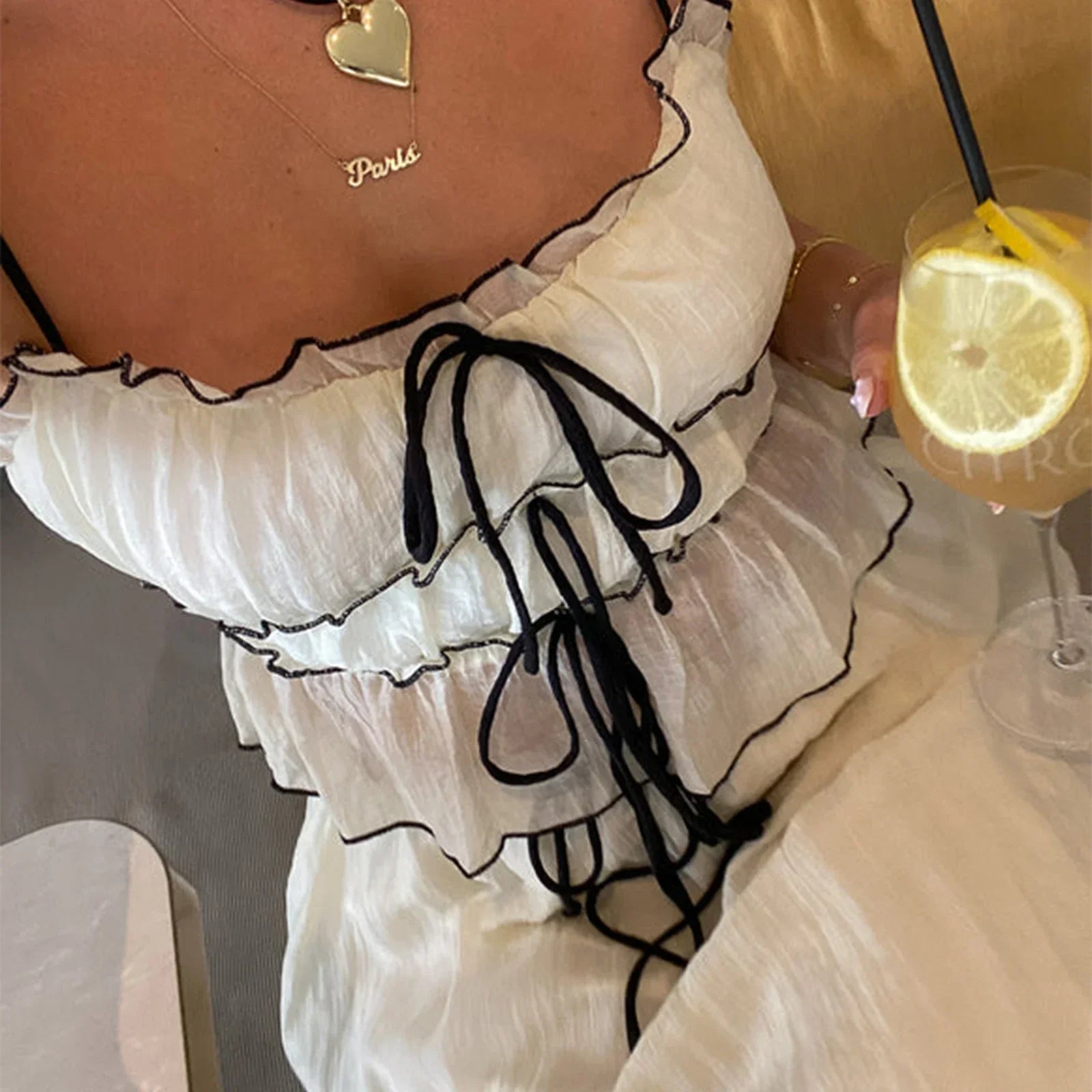 Fairy Vintage Outfits Streetwear Eleganter Urlaub 2-teilig Rüschen vorne zum Binden Crop Top Camis + High Waist A-Linie Maxi langer Rock