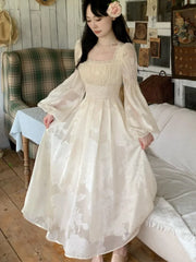 Autumn Elegant Princess Midi Dresses for Women Fairy Square Collar Lantern Sleeves A-line Korean Fashion One Piece Vestido New