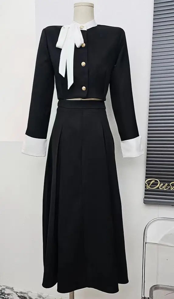 Korean Style Two Piece Set Women Spring Autumn Trend Long Sleve Lace Up Single Breasted top + A-Line Midi Skirt Fashion Female