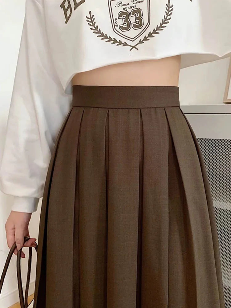 Long Skirt Brown 2024 Summer Korean Fashion High Waist Black Midi Skirt Women Elegant A Line Girls Pleated Skirts Gray Spring