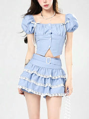 Lolita Kawaii Zweiteiler Frauen Spitze Vintage Süße Kuchenrock Set Weibliche Blase Ärmel Korean Fashion Minirock Anzug 2023 Neu