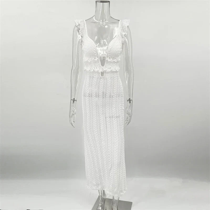 Deep V Neck Sexy Dresses Women Sleeveless See Through High Waist Long Cover Up Dress Femme Holiday Knitted Beach Dress