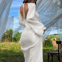 Elegant Knitted Sweater Maxi Dress Outfits For Women Flare Sleeve Sexy Backless Lace Up Dress Knitwear Party Clothes Lady