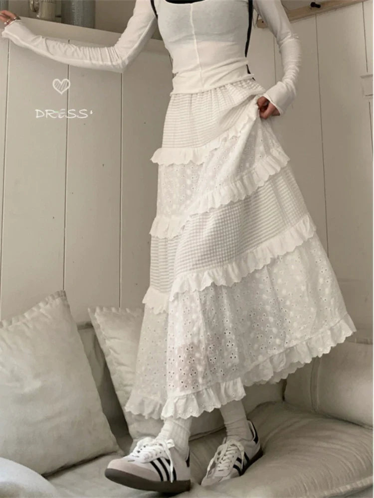 Fairycore Weißer Langer Rock Frauen Cutecore Aushöhlen Haken Floral Patchwork Rüschen Hohe Taille A-linie Maxi Rock Mori Mädchen
