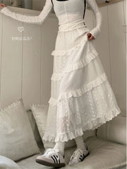 Fairycore Weißer Langer Rock Frauen Cutecore Aushöhlen Haken Floral Patchwork Rüschen Hohe Taille A-linie Maxi Rock Mori Mädchen