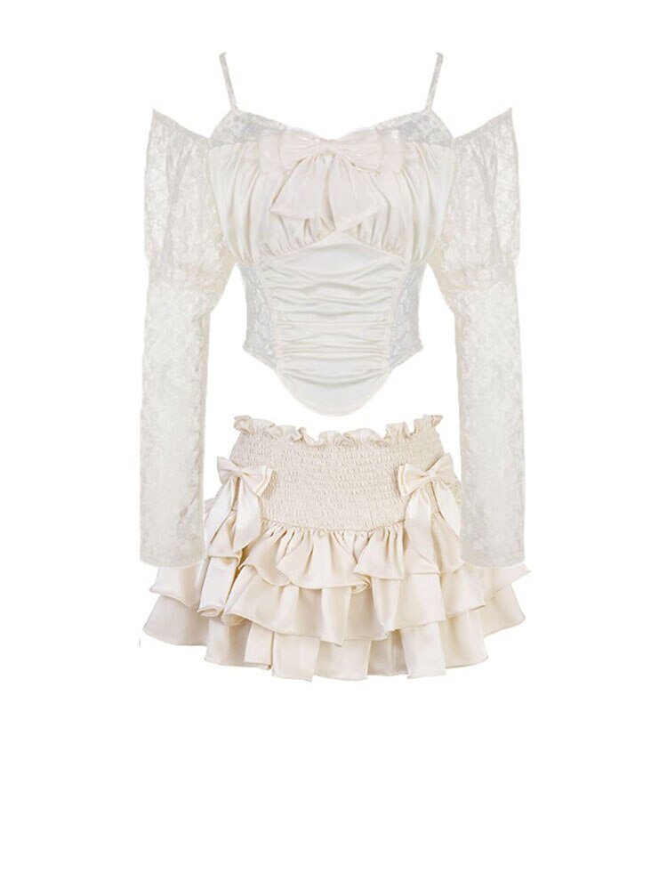 Zweiteiliges Set für Damen, Sommer, süß, elegant, Kuchen-Minirock-Set, Vintage, französischer Kawaii-Rock, weibliche Langarm-Bluse mit schmaler Spitze und Schleife