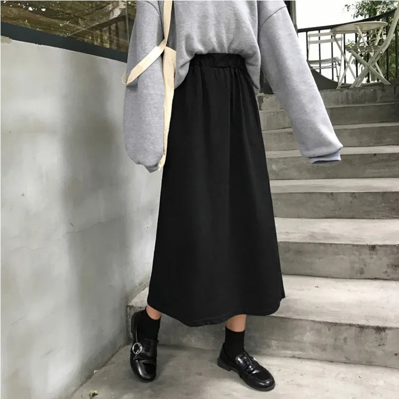 Skirts Women Simple Solid Leisure Loose 2XL Long Skirt Korean Style Elastic-Weight A-line Student Streetwear Trendy BF