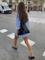 Fashion Blue Striped Print Suit For Women Elegant Long Sleeve Button Crop Tops And High Waist Pleated Skirts 2 Pieces Set