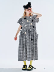 Original design schwarz und weiß plaid blume bestickt kleid A-linie rock kurzarm sommer frauen kleid
