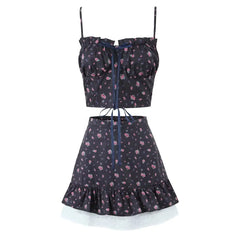 Floral Bow Top and Lace Hem Mini Skirt Suit