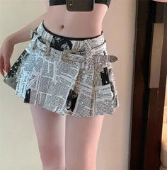 American Printed Pleated Skirts 2024 Autumn New Low Waisted A-line Skirt for Women Y2k Grunge Faldas Mujer Newspaper