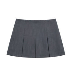 Grey Wide Pleated Mini Shorts Skirts High Street Stripe American Retro Solid Vintage Blogger Sexy  Woman